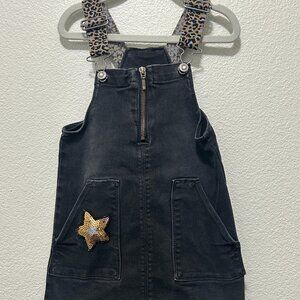 Wonder Nation black denim jumper, leopard adjustable straps, gold sequins, XS